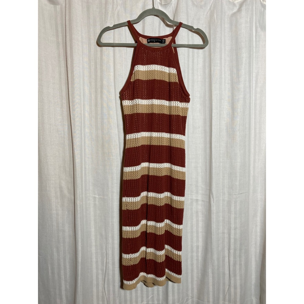 Boho Striped Crochet Halter Midi Dress Rust Tan White 0 Fashion to Figure Womens